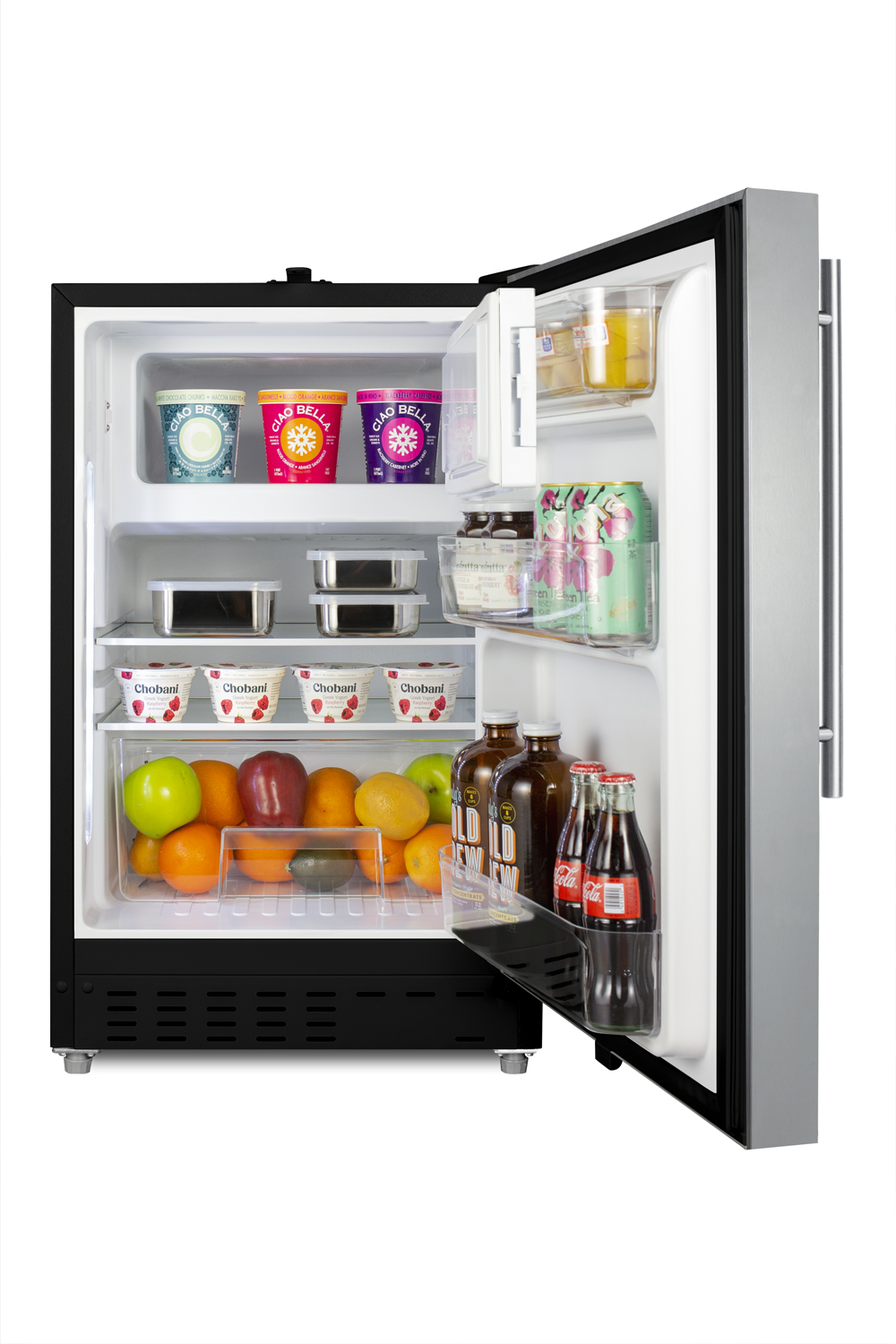 Built-in undercounter ADA compliant refrigerator-freezer with SS cabinet and door with a vertical handle for residential use, manual defrost with glass shelves, front lock, and door storage